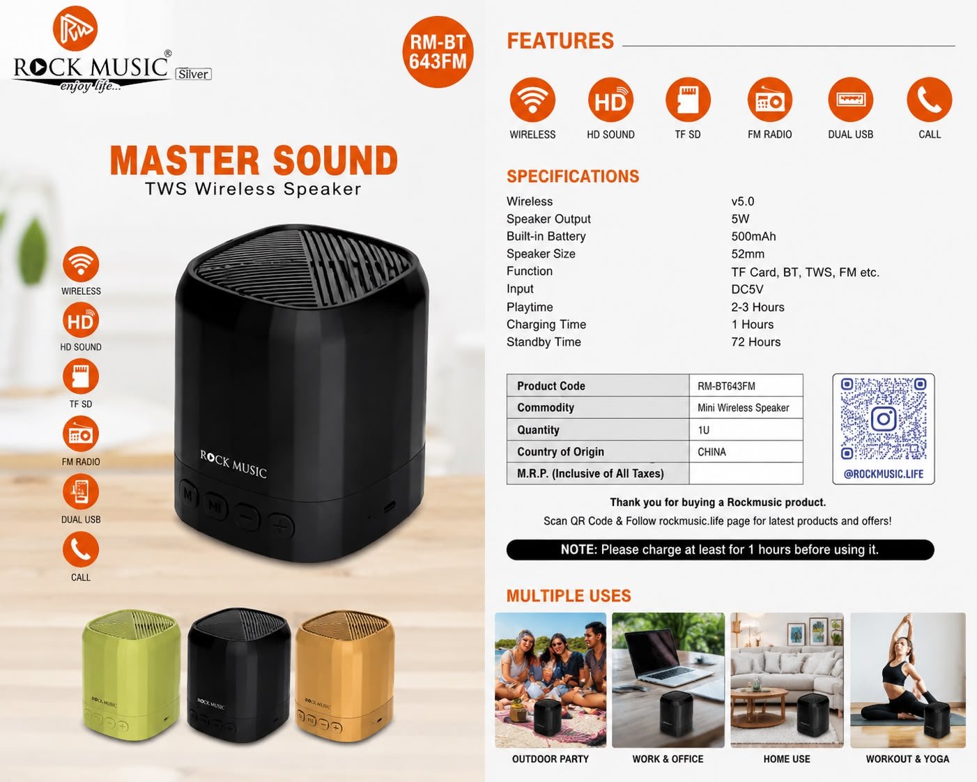 Rock Music Master Sound TWS Wireless Speaker (Model: RM-BT 643FM).
