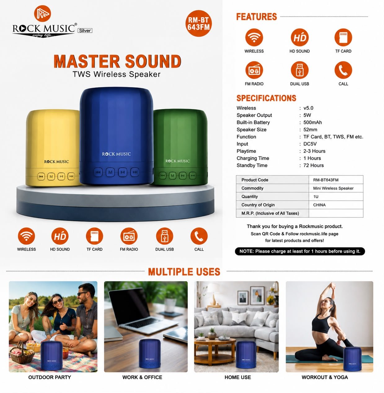 Rock Music Master Sound TWS Wireless Speaker (Model: RM-BT 643FM).